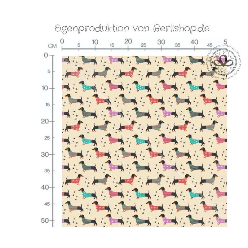 50 cm Baumwolle Canvas Stoff Dackel Hunde im Pulli - Beige Creme Stoffe - 153 g/m² Meterware 160 cm Eigenproduktion